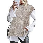 Arach&Cloz Women's Cotton Blend Cap Sleeve Side Slit Sweater Vest Fall Casual Tops 2025