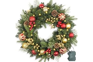HOMEKAREN Christmas Wreath Pre-lit 24 inch with 50 Light & Red Gold Ball Pine Cone, Artificial Christmas Wreaths for Front Door with Lights, Wreath for Christmas Decoration Door Windows Wall Green
