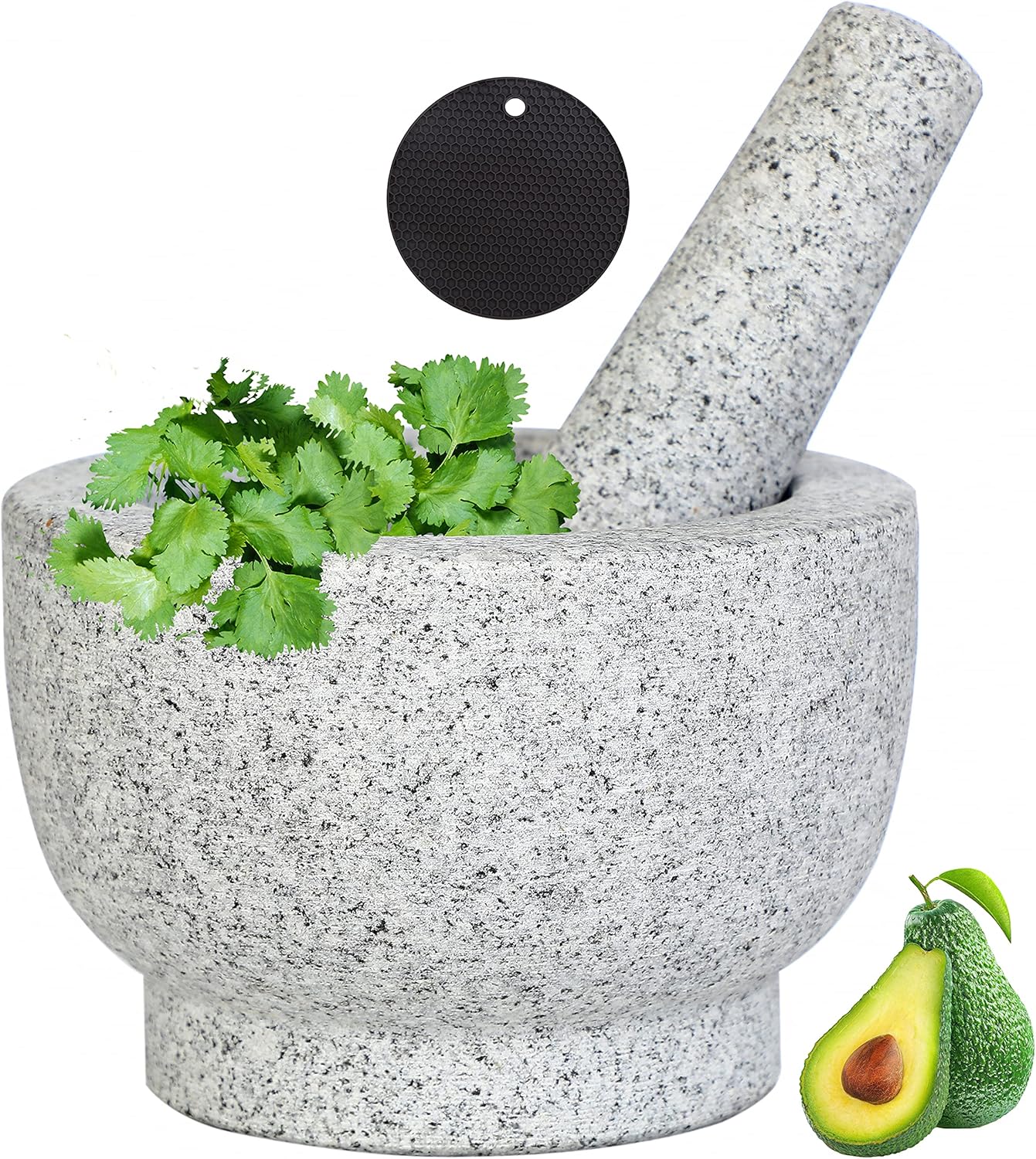 Mortar and Pestle Set 5.1Inch(13cm)-1.8 Cup Capacity Unpolished Granite for Herbs Pesto Pastes Seasonings Grinder,Guacamole Molcajete Bowl,Spice Grinder With Spoon, Brush, Non-slip Mats(13x9cm)