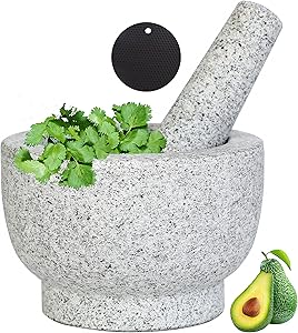 Mortar and Pestle Set 5.1Inch(13cm)-1.8 Cup Capacity Unpolished Granite for Herbs Pesto Pastes Seasonings Grinder,Guacamole Molcajete Bowl,Spice Grinder With Spoon, Brush, Non-slip Mats(13x9cm)