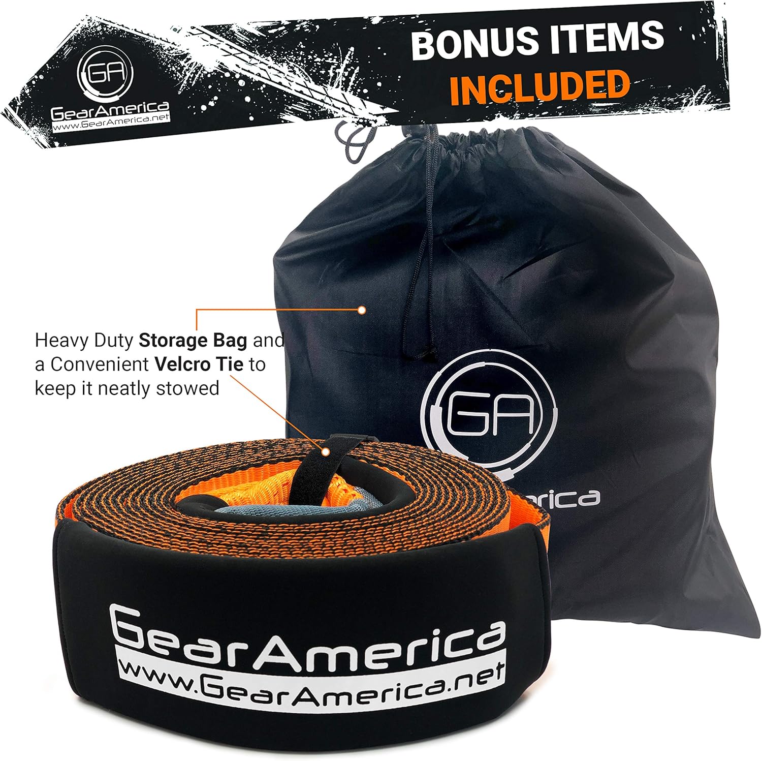 GearAmerica Recovery Tow Strap 4" x 30' | Ultra Heavy Duty 45,000 lbs (22.5 US Tons) Strength | Triple Reinforced Loops + Protective Sleeves | Emergency Truck Towing | Free Storage Bag + Strap: Automotive
