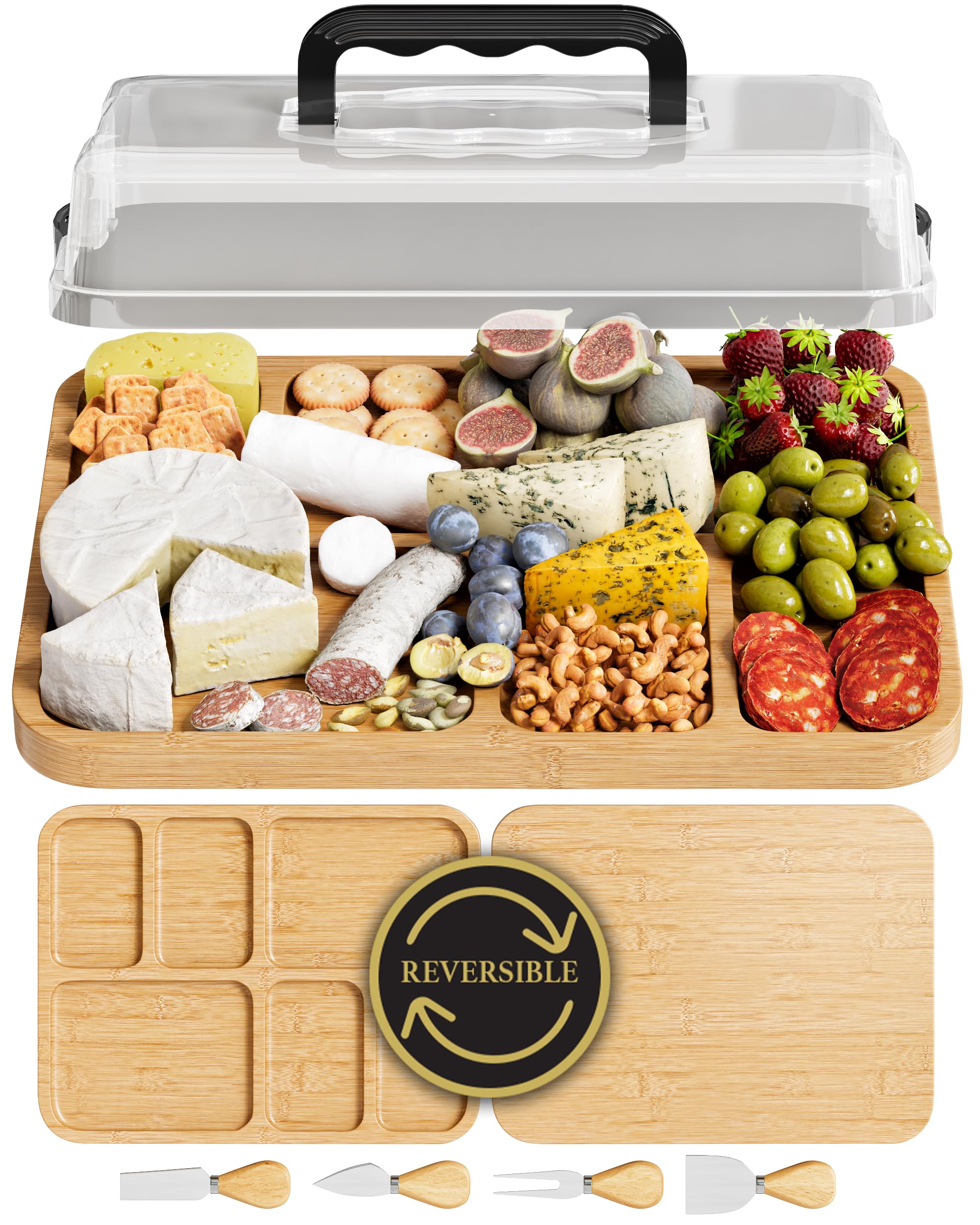 Photo 1 of Trayful Charcuterie Board with Lid - Reversible, 2-in-1 Travel Portable Cheese Board for Picnics & Entertaining - Housewarming Gift Set Idea - Covered Snack Serving Tray - Large Food Platter