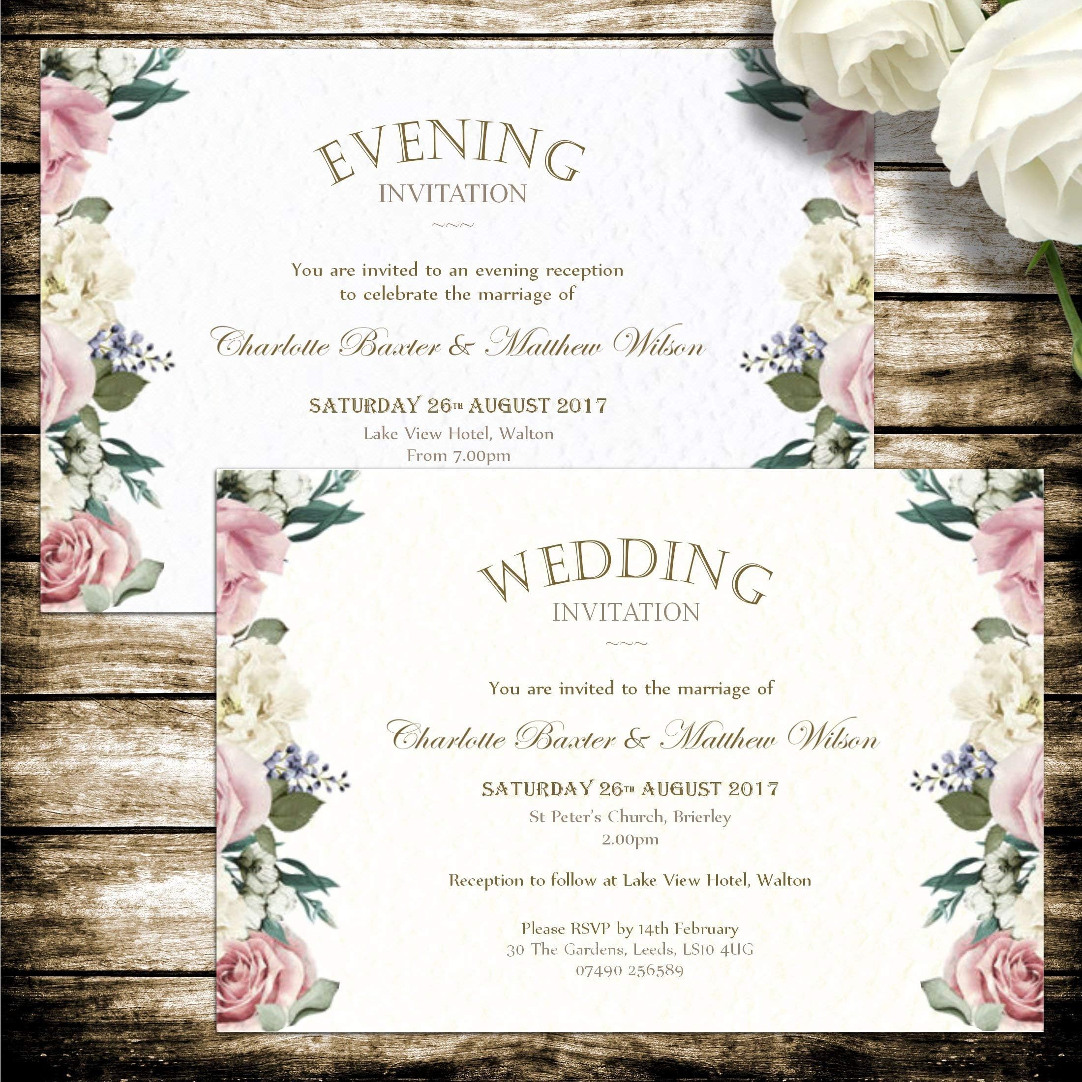 10 Personalised wedding day or evening night invitations with envelopes, Vintage tea party design, ivory or white hammered texture card.