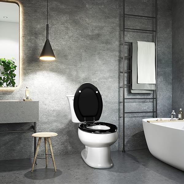BLACK ELONGATED TOILET SEAT NATURAL WOOD TOILET SEAT WITH ZINC ALLOY HINGES, EASY TO INSTALL ALSO EASY TO CLEAN, SCRATCH RESISTANT TOILET SEAT BY ANGOL SHIOLD (ELONGATED, BLACK)