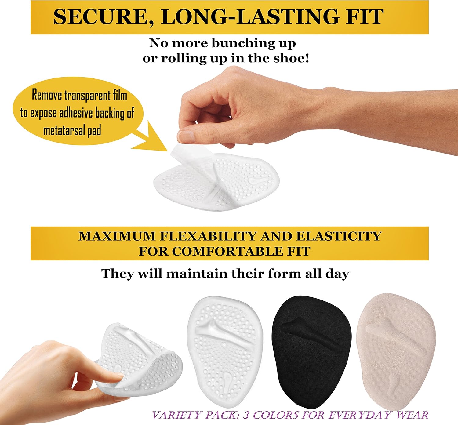 High Heel Cushions -Ball of Foot Pads- Non Slip Shoe Inserts - Forefoot Metatarsal Pads for Women & Men for Foot Pain Relief -High Heel Inserts for shoe comfort- Beige Clear Black Ball of Foot Cushion: Health & Personal Care