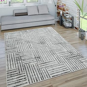 Amazon De Paco Home Kurzflor Teppich Wohnzimmer Modern Karo Linien Design Used Look In Grau