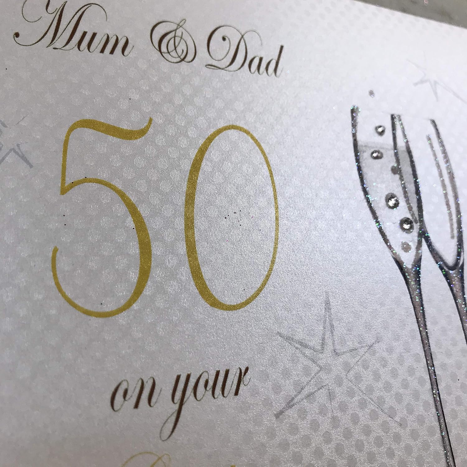 WHITE COTTON CARDS Champagne Flutes Mum & Dad On Your Golden Handmade 50th Anniversary Card, White, P50M,16cm x 16cm - Image 3