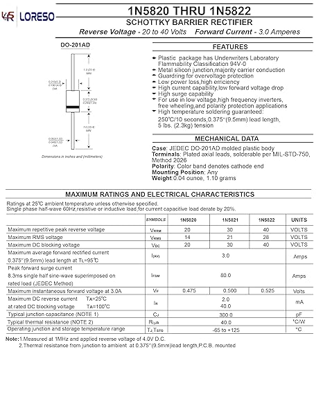 Loreso 1n5822 Diode Pack Of 25 Schottky Blocking Barrier