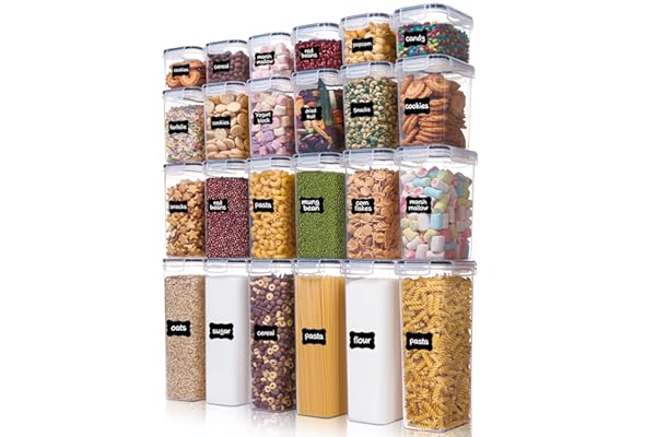 Airtight Food Storage Containers with Lids, Vtopmart 24 pcs Plastic Kitchen and Pantry Organization Canisters for Cereal, Dry Food, Flour and Sugar, BPA Free, Includes 24 Labels，Black