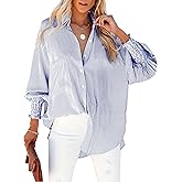HOTEVE Women's Wrinkle-Resistant Smocked Cuffed Striped Button Shirt with Pocket Oversized Casual Boyfriend Blouse