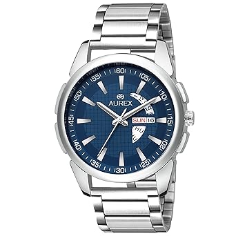 Analouge Blue Dial Day and Date Watch Water Resistant Silver Color Strap Watches for Mens/Boys (AX-GR148...