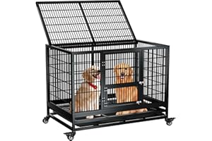 SFTORMAS 48" Heavy Duty Dog Crate,Indestructible Dog Crate,Suitable for High Anxiety Escape Proof Dog Crate,Two-Door Design Large Dog Kennel,with Wheels and Removable Tray,for Medium Large Dog,Black.