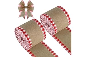 2 Rolls Christmas Buffalo Plaid Wired Edge Ribbons Christmas Tree Burlap Fabric Craft Wrapping Ribbon with Checkered Edge, 21
