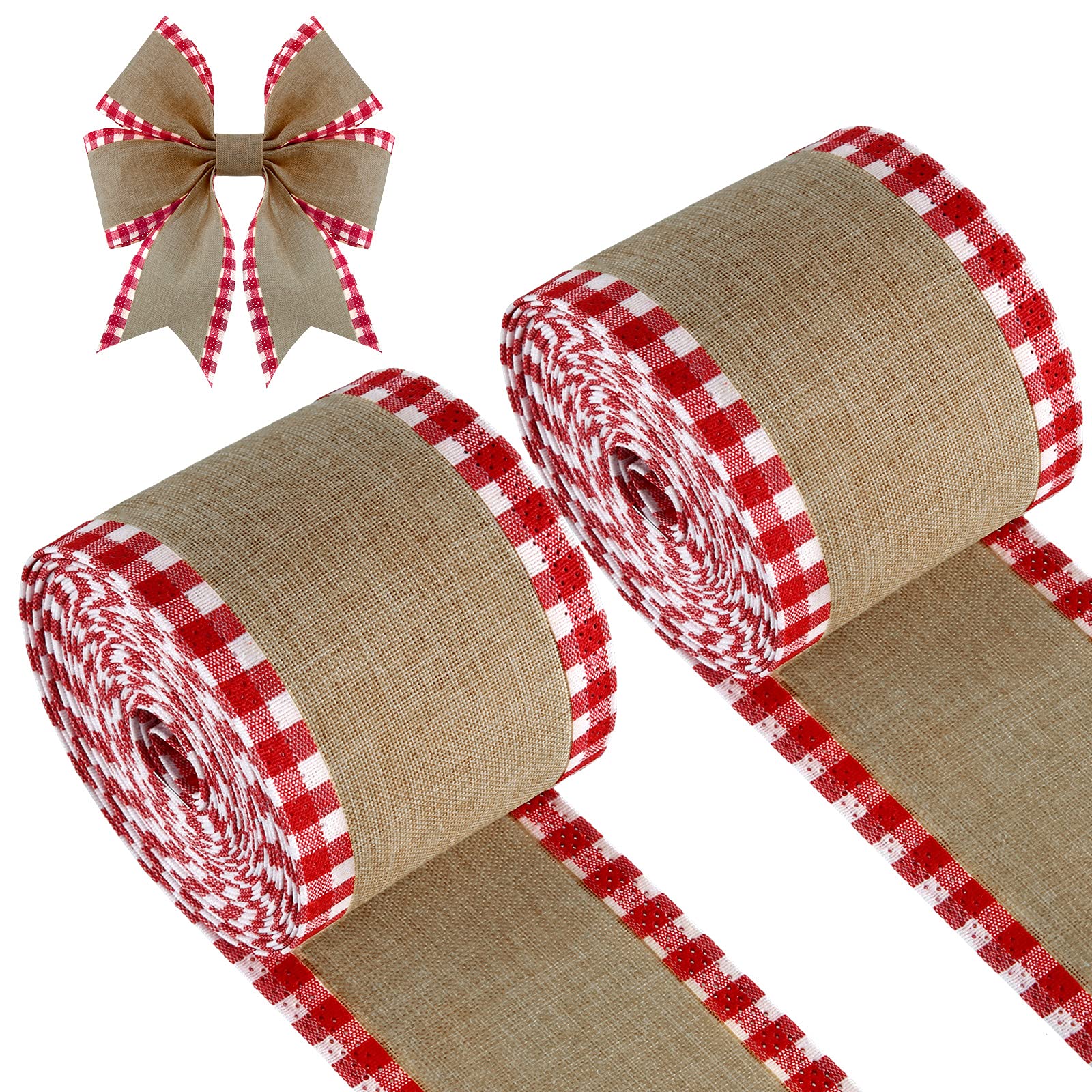 Photo 1 of 2 Rolls Christmas Buffalo Plaid Wired Edge Ribbons Christmas Tree Burlap Fabric Craft Wrapping Ribbon with Checkered Edge, 216 Inch(2.5 Inch Width,Red and White)