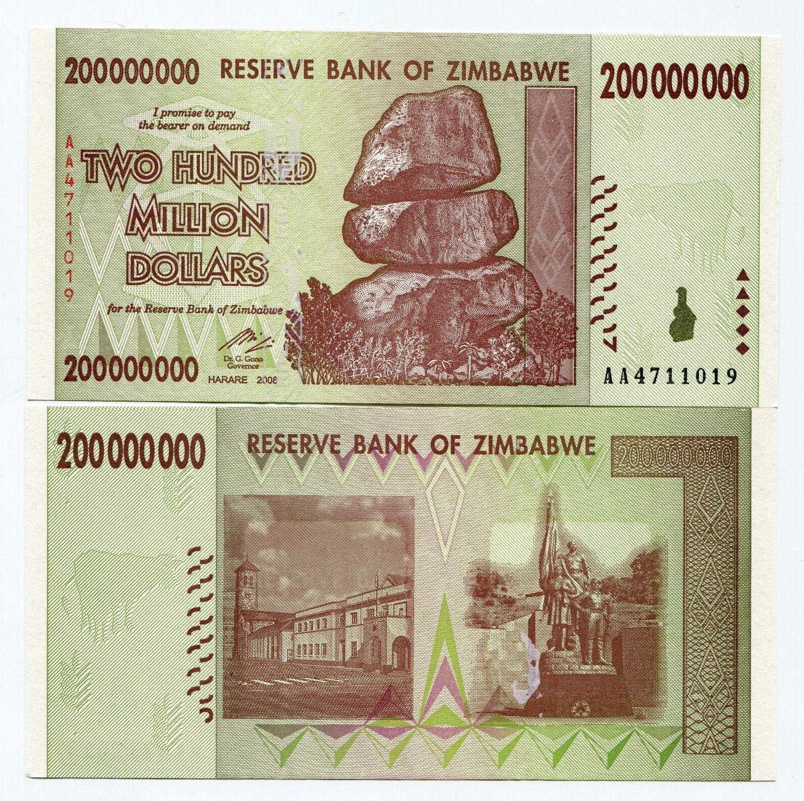 Zimbabwe 200 Million Dollar Bank Note 2008 Uncirculated By Reserve Bank of Zimbabwe