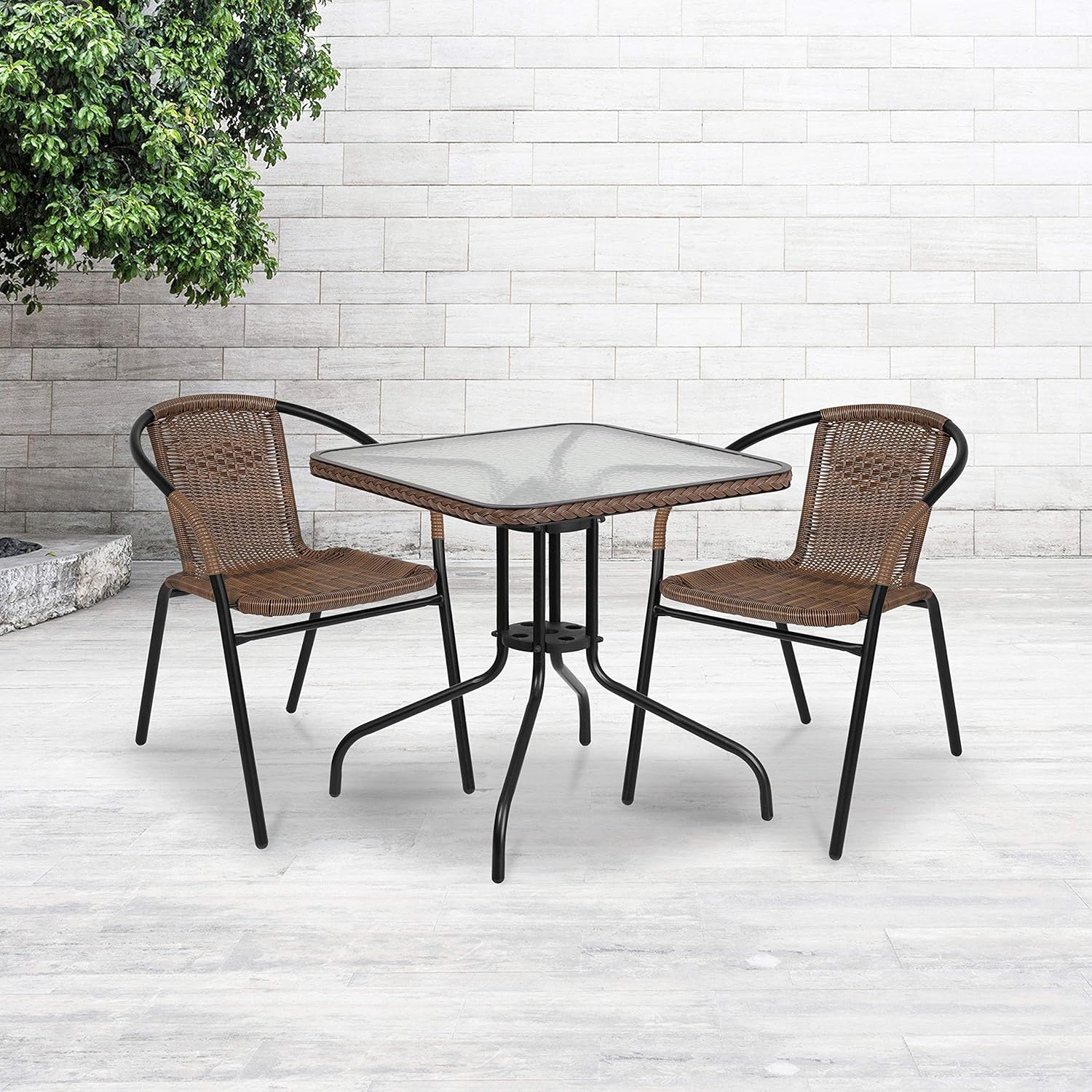 Flash Furniture 28'' Square Tempered Glass Metal Table with Dark Brown Rattan Edging: Kitchen & Dining