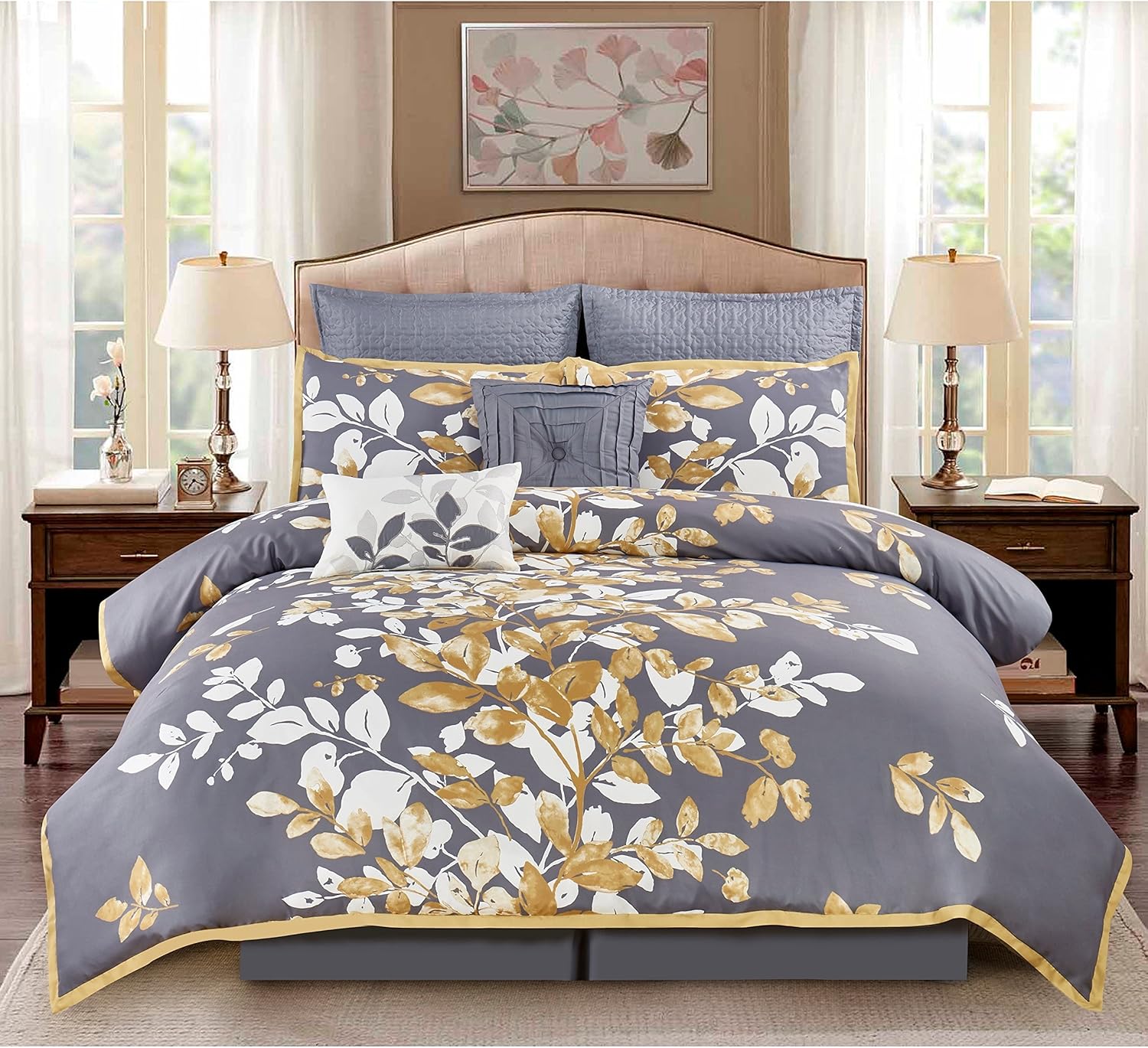 8 Piece Luxurious Floral Themed Comforter Set King Size