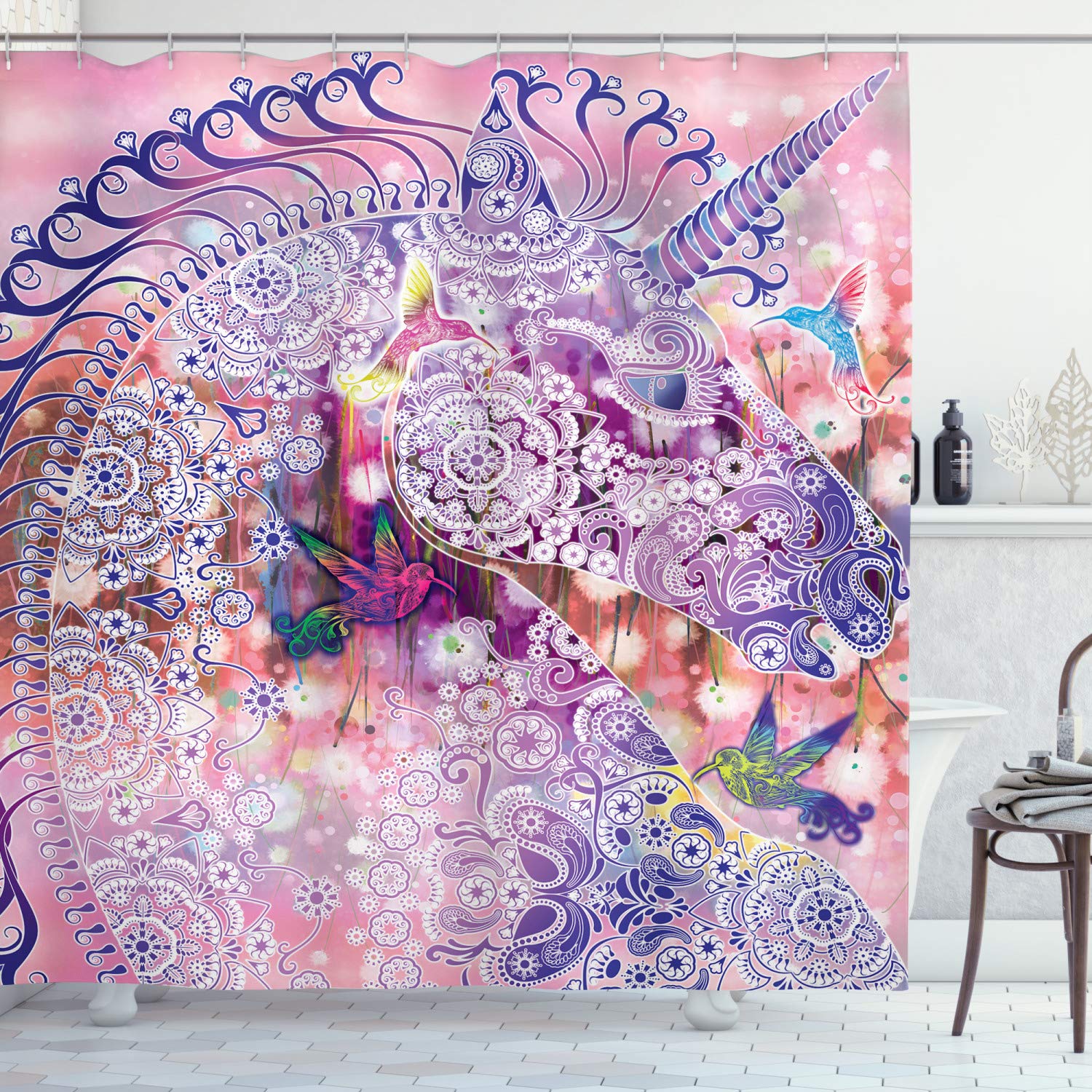 ABAKUHAUS Unicorn Shower Curtain, Fantasy Animal with Floral Ornaments and Birds on Natural Pink Background, Cloth Fabric Bathroom Decor Set with Hooks, 70 Inches, Pink Purple