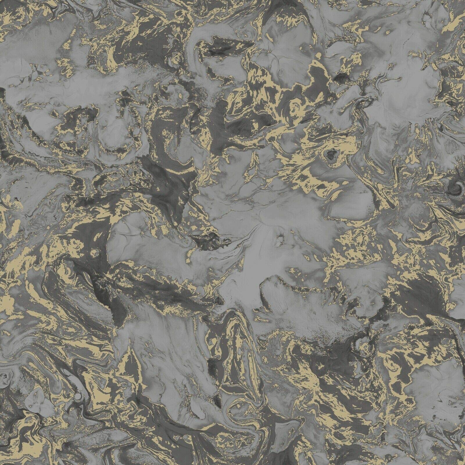 Muriva Metallic Ripple Liquid Marble Swirl Charcoal Grey Gold Shimmer Wallpaper