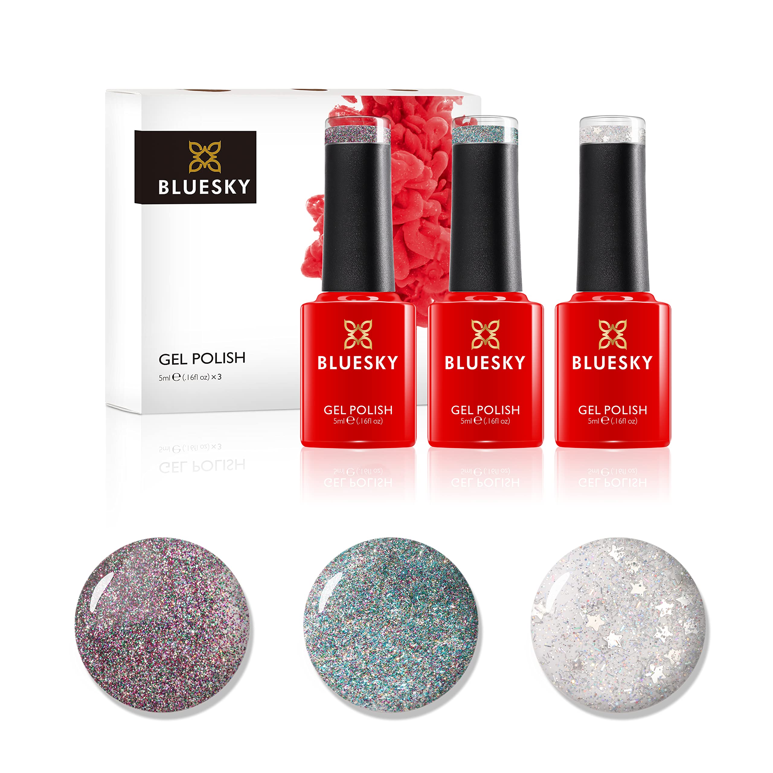 Bluesky Gel Nail Polish Set, Glitter Top Coats - 3 x 5ml Gel Polish Top Coats with glitter pieces (Requires curing under UV/LED Lamp)