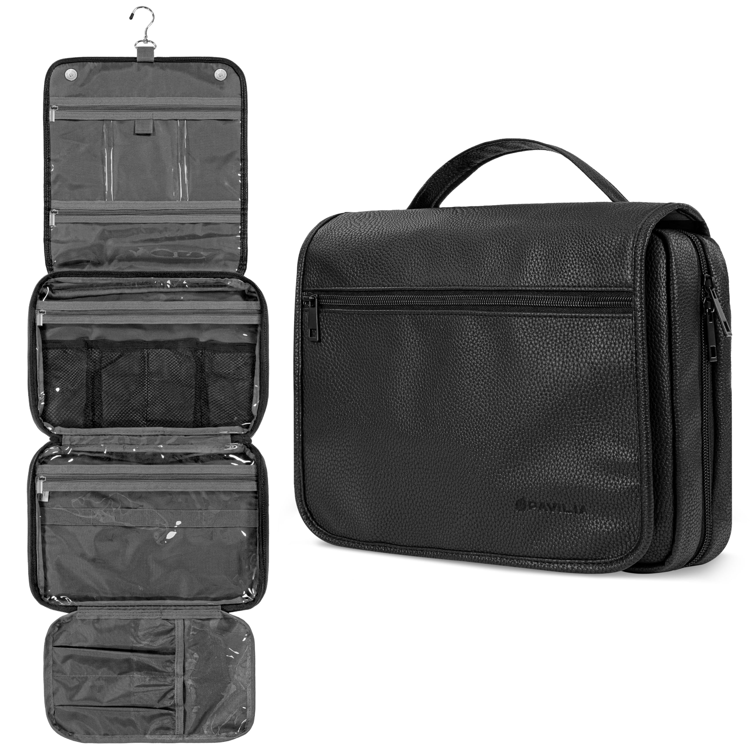 Photo 1 of PAVILIA Hanging Toiletry Bag Women Men, Foldable Cosmetic Organizer Travel Bag, Water Resistant Makeup Bag Toiletries, Large Travel Essentials Kit (Black)