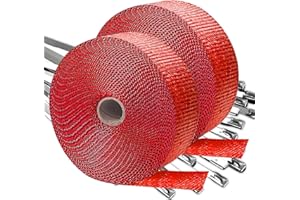 EYAEYAO Titanium Exhaust Wrap | 2'' x 200" Exhaust Heat Wrap | Header Wrap | Heat Shield Tape 2 Rolls with 20 PCS 11.8 Inch Stainless Steel Ties for Motorcycle Car Truck (Red, 2 Rolls)