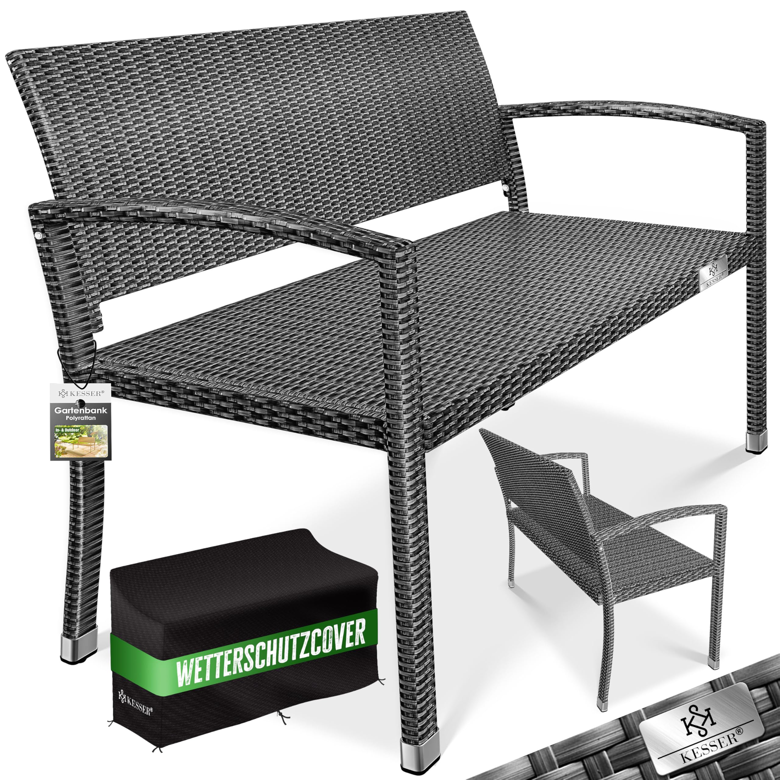 KESSER® Gartenbank Polyrattan 2-Sitzer Wetterfest | Rattan Sitzbank UV-Beständig bis 320kg belastbar | Balkon Bank 125x62x90cm Garten-Möbel mit Cover & ergonomischen Armlehnen für 2 Personen Anthrazit