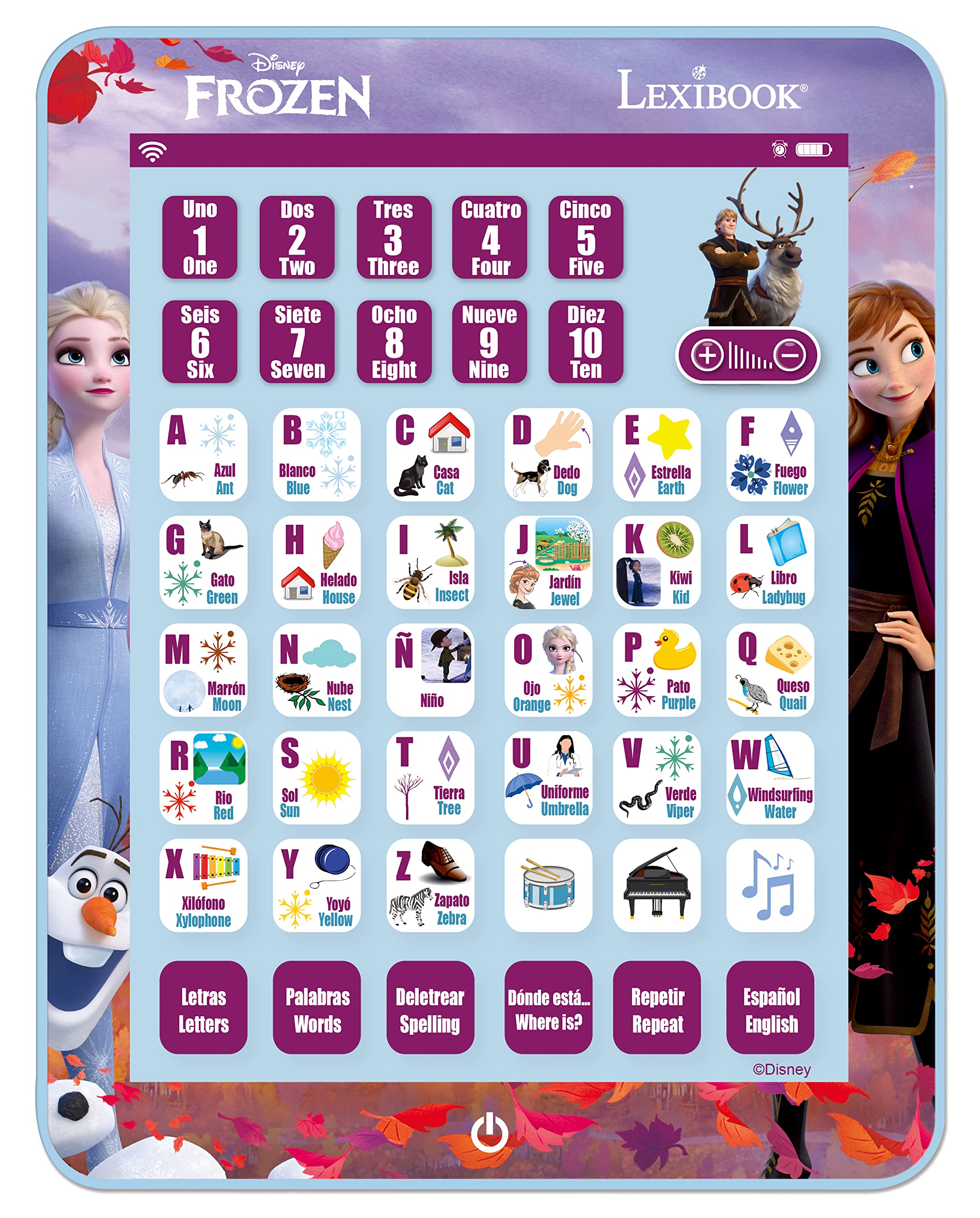 LEXIBOOK, Frozen, Educational Bilingual Learning Tablet, Learn letters numbers words spelling and music, English/Spanish, Purple, JCPAD002FZi2