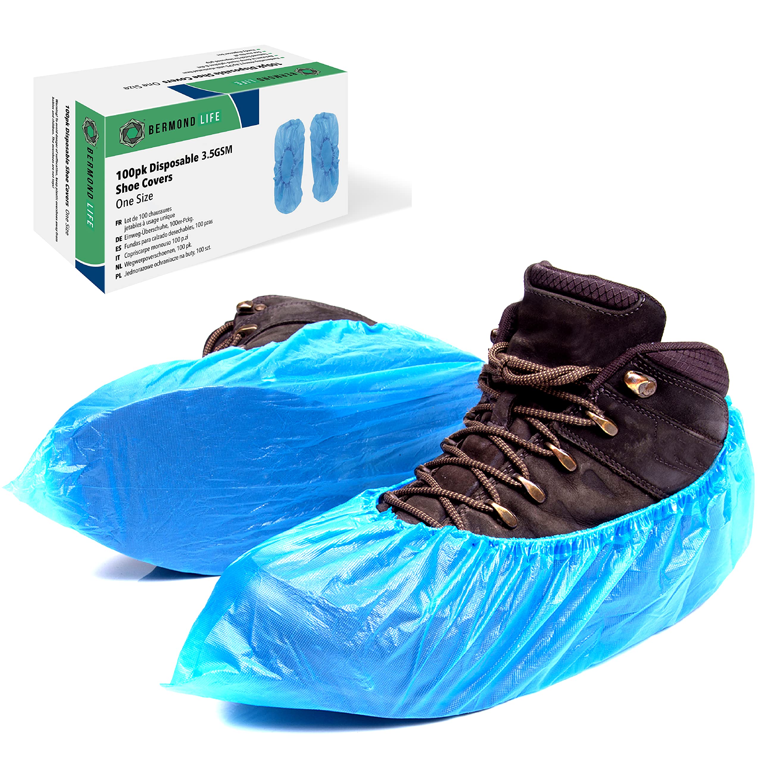 Bermond Life Disposable Shoe Covers | Pack of 100 Plastic Shoe Covers | Blue & Waterproof Shoe Protector | Overshoes with a Storage Box | Shoe Covers for Work, Gardening & More