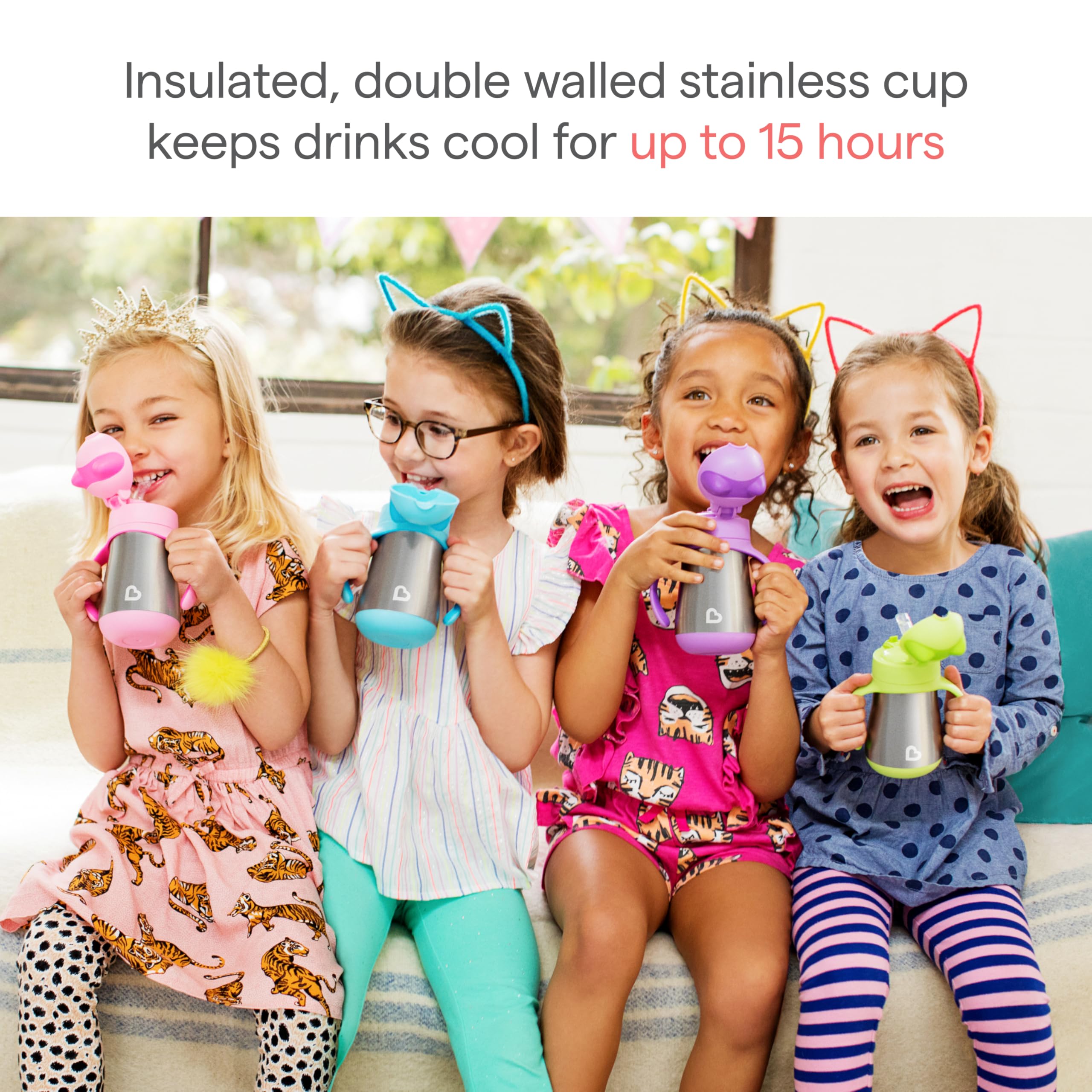 Munchkin Cool Cat Sippy Cup for Toddlers, Stainless Steel Straw Cup, 8 Ounce, Pink