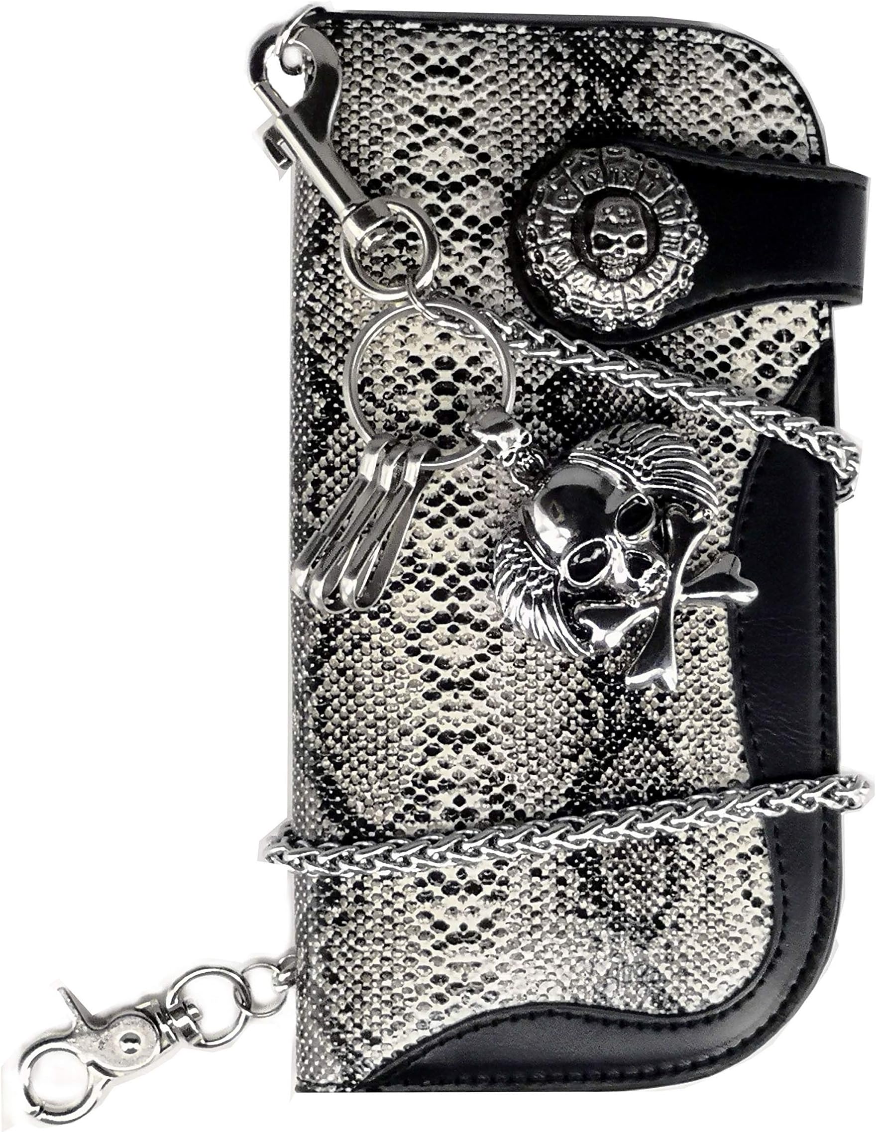 ABC STORY Mens Leather Long Concho Snake Skull Trucker Biker Snap Wallet with Chain Black