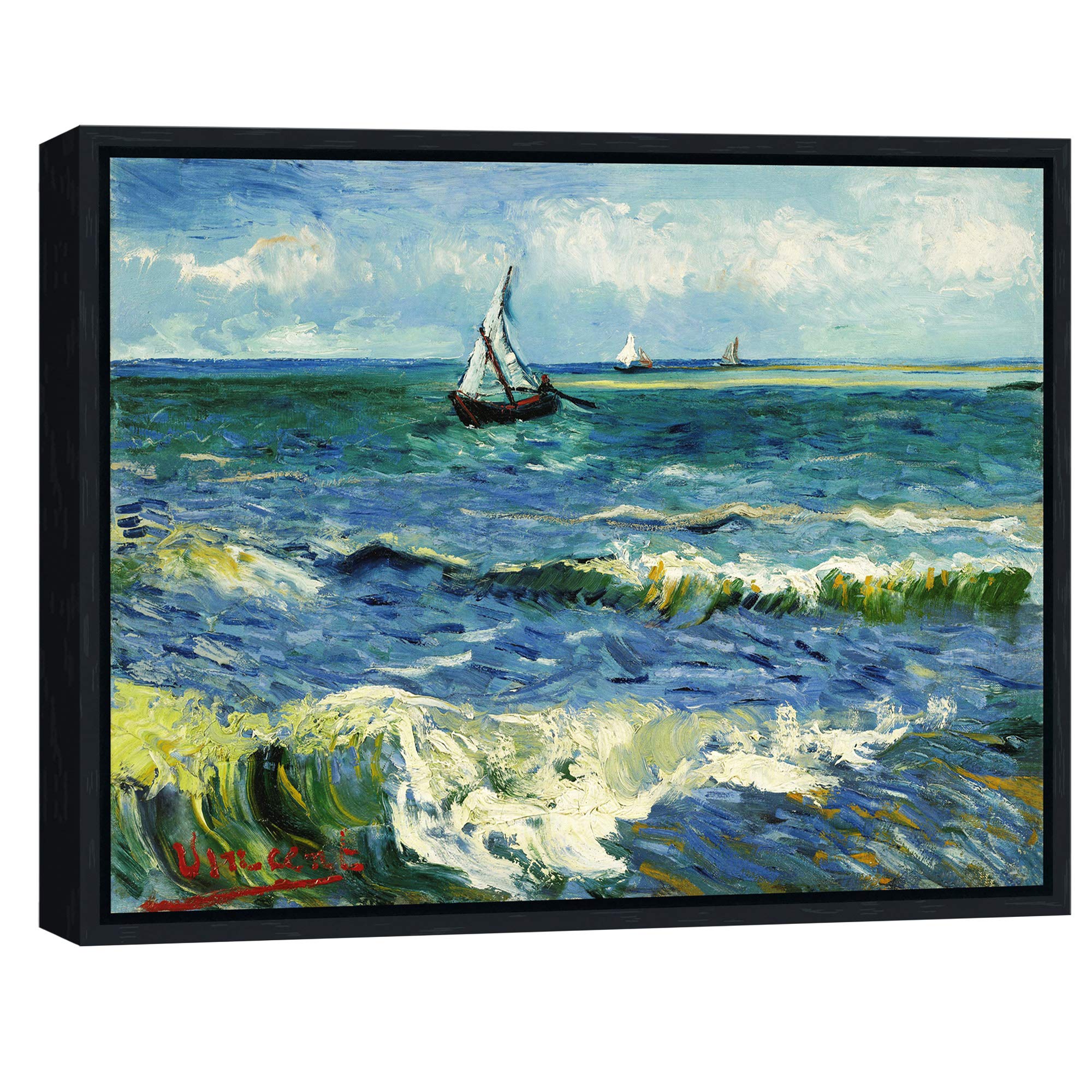 Wieco Art Black Framed Seascape at Saintes Maries by Vincent Van Gogh Canvas Prints Artwork Ocean Pictures on Canvas Wall Art for Bedroom Home Decorations
