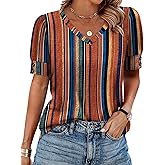 OFEEFAN Womens Tops Short Sleeve Shirts Buttons V Neck Spring Fashion Summer Outfits Plus Size Blouses Dressy Casual