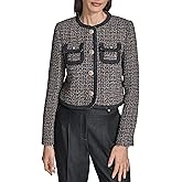 BCBG Women's Long Sleeve Braided Trim Novelty Tweed Cropped Button Front Jacket