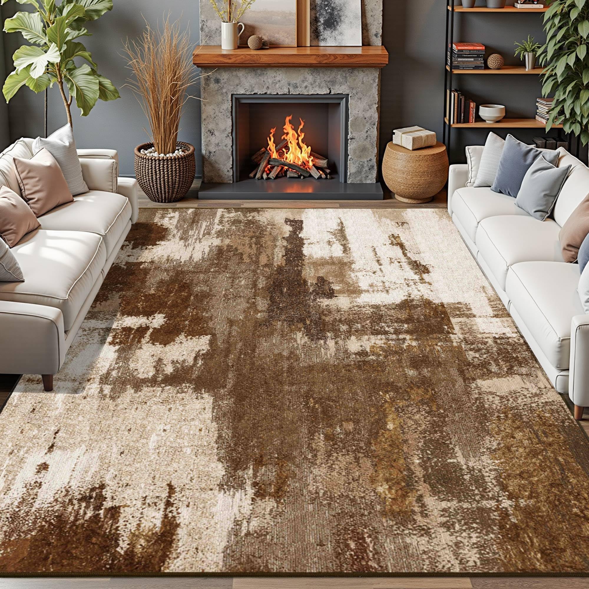 Photo 1 of Merelax Living Room Area Rugs 5x7, Brown Washable Rug for Bedroom Kids Room, Soft Coffee Large Modern Abstract Area Rug, Boho Vintage Non Slip Carpet for Dining Room Office Study, Low Pile Rugs