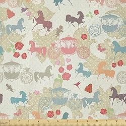 Ambesonne Horses Fabric by The Yard, Carriage with