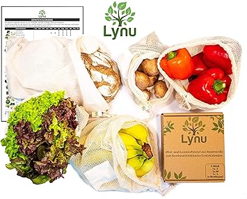 Lynu Wiederverwendbare Obst- und Gemüsebeutel aus 100% Baumwolle mit Brotbeutel aus 100% Leinen | 5er Set | Patch für Etikett