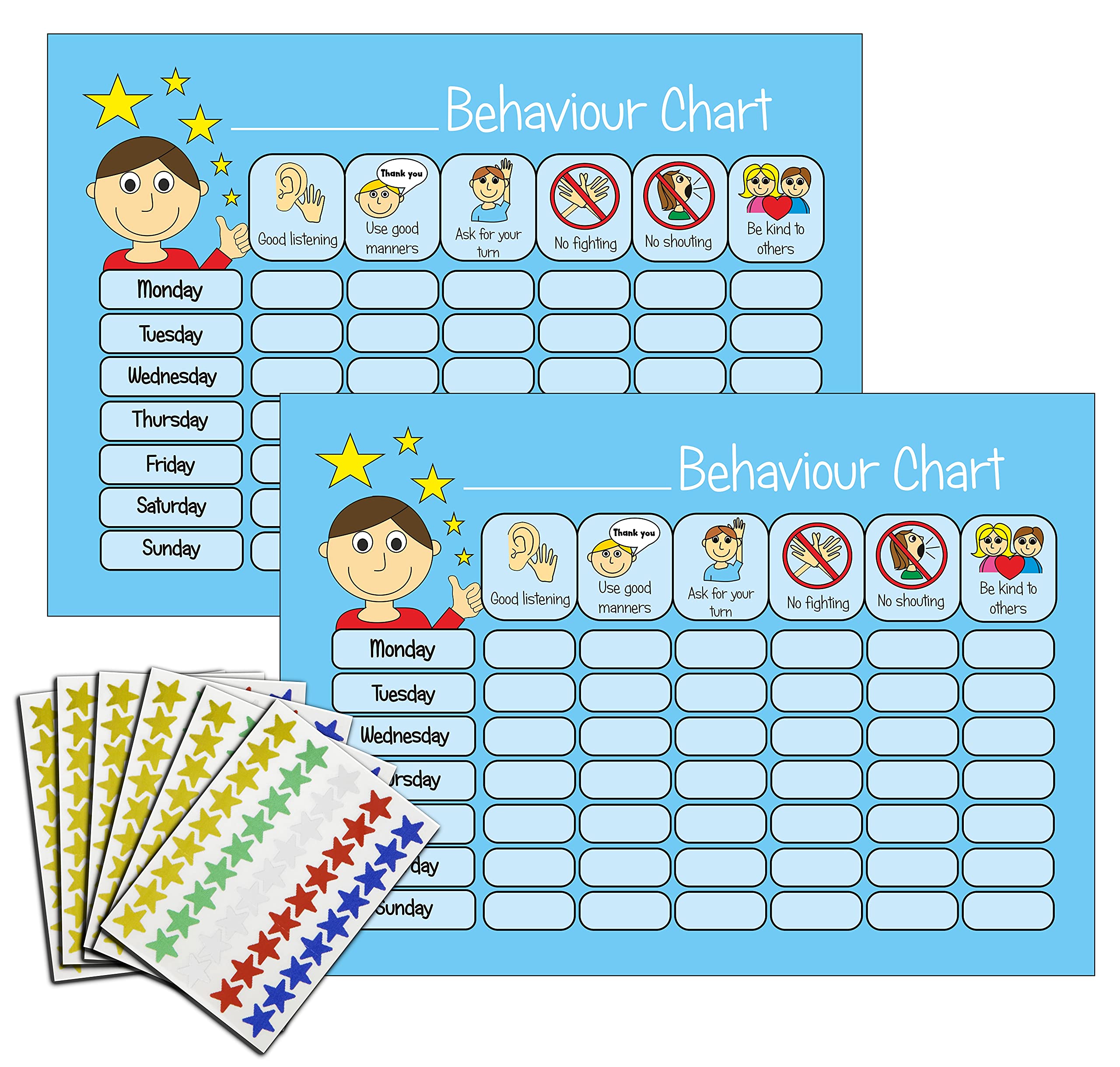 kids2learn Boys Behaviour Reward Charts Toddlers Twin Pack with 270 star stickers