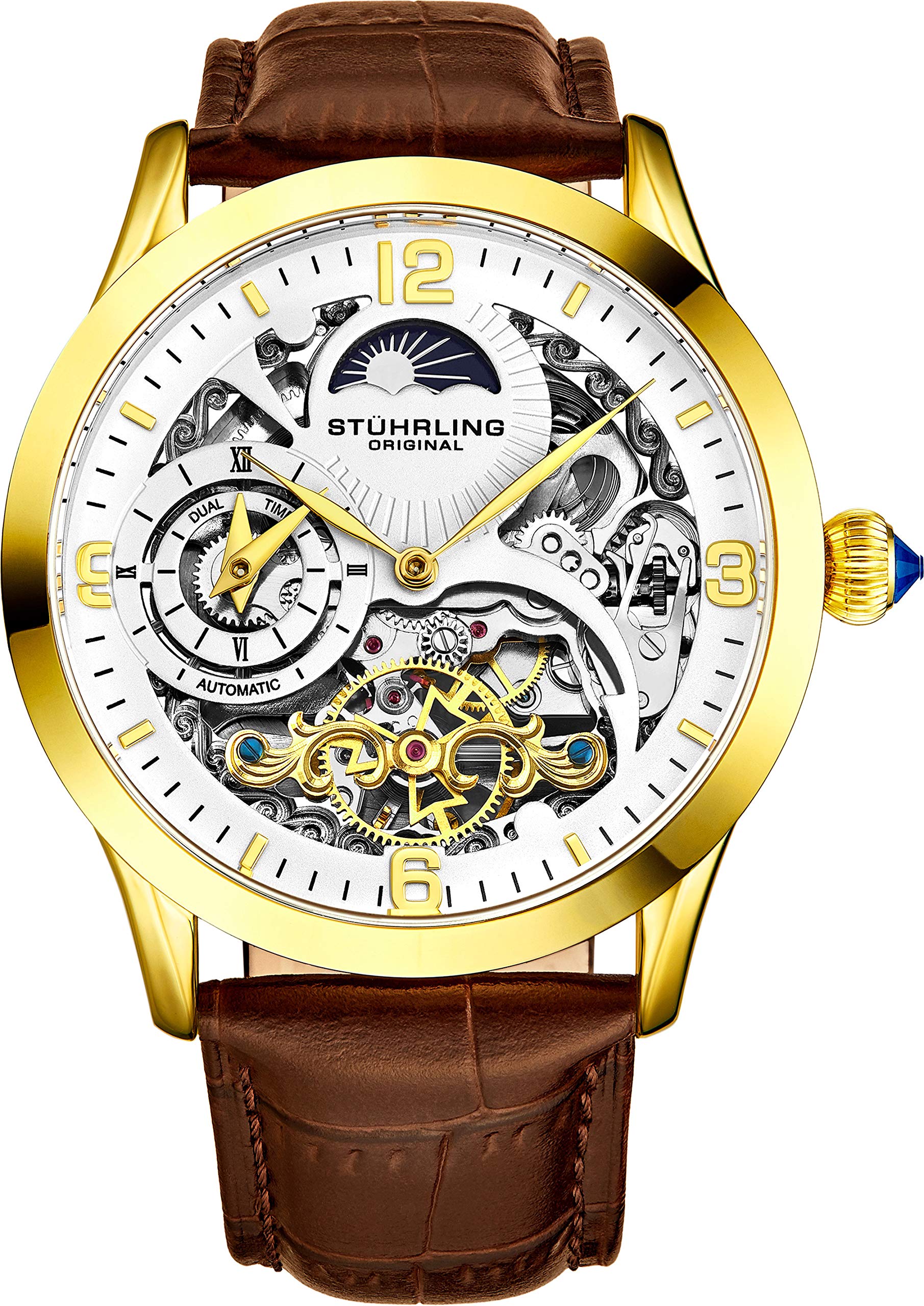 Stührling Original Automatic Watch for Men Skeleton Watch Dial, Dual Time, AM/PM Sun Moon, Leather Band, 3921 Mens Watches Series (Gold)