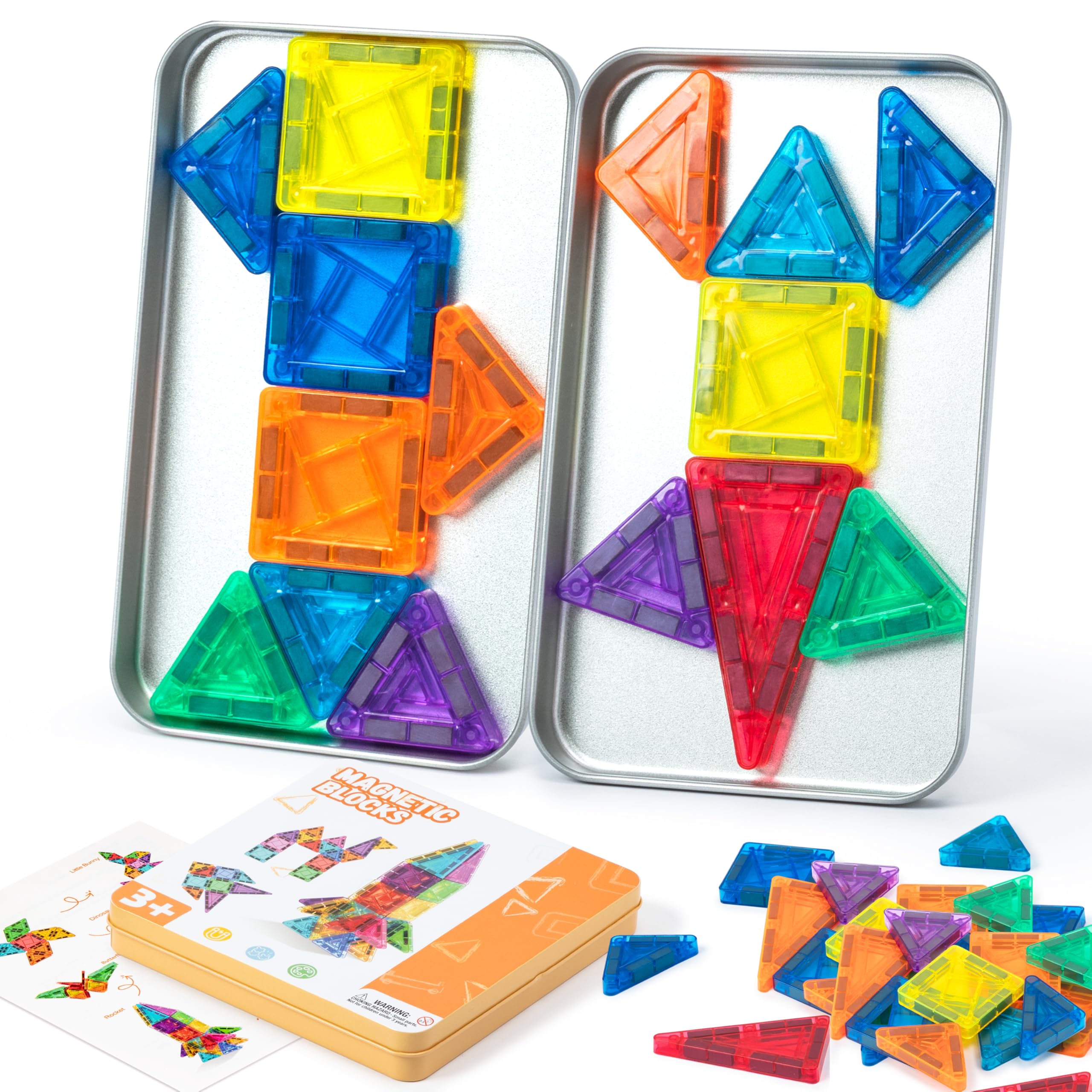 GROBRO7 60PCS Mini Magnetic Tiles Construction Set for Travel, 3D Colorful Building Blocks with Iron Storage Box for Kids Learning Educational Toys, 3+ Boys Girls Portable On-The-Go Fun Idea Activity