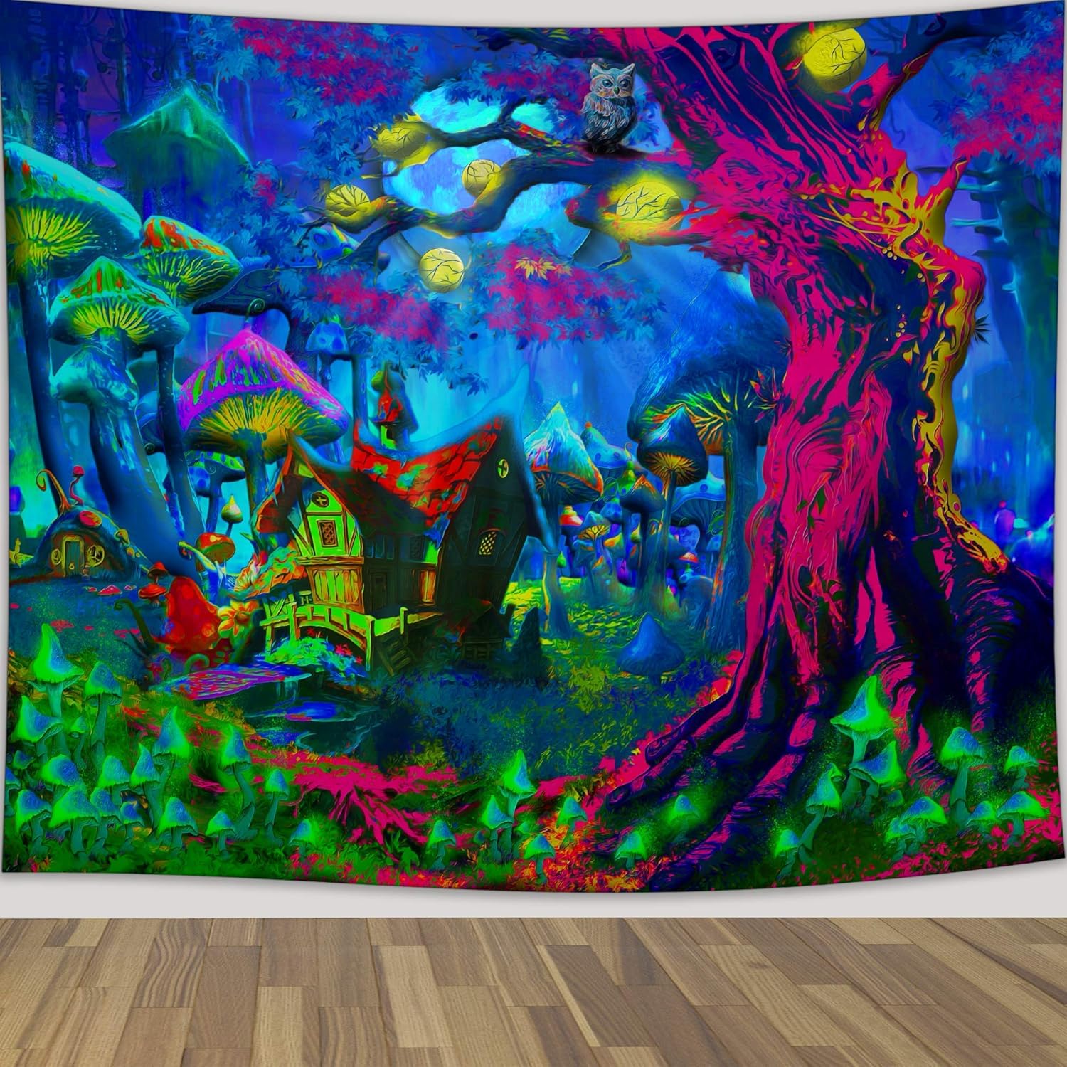 Psychedelic Mushroom Forest Tapestry Trippy Fantasy Art Moon Landscape Tapestry Colorful Hippie Acid Neon Tapestry Wall Hanging Tapestry for Bedroom Living Room College Dorm Festival Party Decor