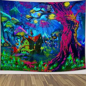 Psychedelic Mushroom Forest Tapestry Trippy Fantasy Art Moon Landscape Tapestry Colorful Hippie Acid Neon Tapestry Wall Hanging Tapestry for Bedroom Living Room College Dorm Festival Party Decor