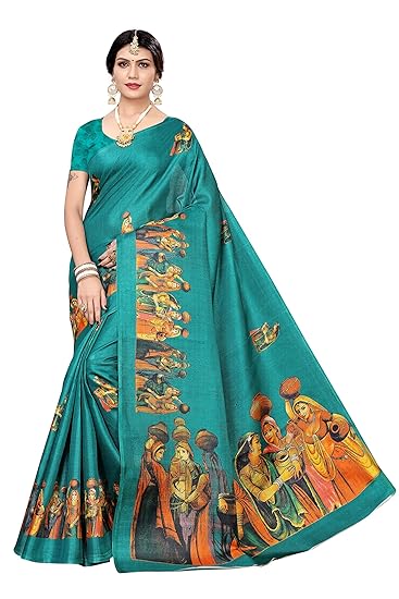 Womens Rama Color Khadi Silk Printed Saree With Blouse Piece(JAIPUR-MATKI-RAMA_Free Size)