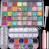 FANDAMEI Face Glitter Rhinestones Kit, 40 Colors Gel Palette, 2 Boxes Rhinestones for Face Nail Clear&amp;Colorful, 1 Box Pearl Gems with Makeup Glue. Glitter for Women Girls Kids Makeup