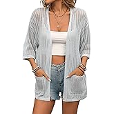 BB&KK Lightweight Summer Crochet Cardigan for Women 3/4 Sleeve Open Front Sheer Knit Boho Kimono Cardigans with Pockets