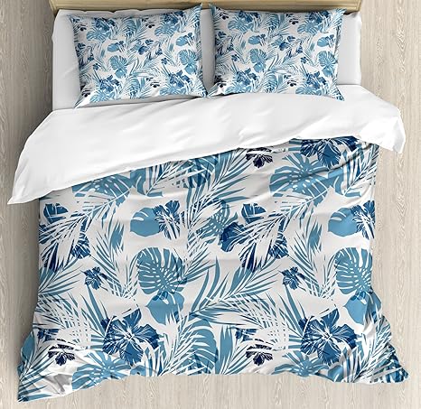 Amazon Com Ambesonne Leaf Duvet Cover Set Island Ocean Beach Sea Inspired Hawaiian Flowers Palm Tree Leaves Art Print Decorative 3 Piece Bedding Set With 2 Pillow Shams King Size Blue Lilac Home
