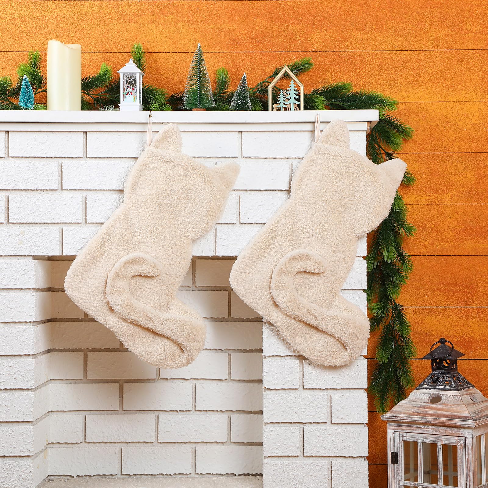Photo 1 of Geyoga 2 Pack Cat Christmas Stockings Pet Christmas Stocking 19'' Large Faux Fur Sherpa Stocking Xmas Fireplace Hanging Stocking Decoration Christmas Cat Gift for Cat Lovers Family Holiday Party Decor