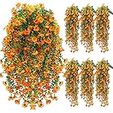 FineCheer 6 Pcs Spring Artificial Hanging Flowers Outdoor Faux Silk Mum Plant Decor Violet with Eucalyptus Realistic UV Resistant Trailing Vine Spring Porch Yard(Orange,Chamomile)