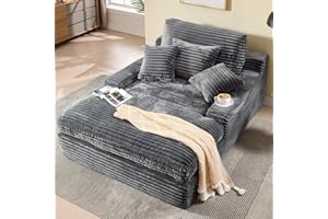 Cudalw 75" Oversized Chaise Lounge Chair Indoor, Reading Chair Corduroy Chaise Couch Recliner, Upholstered Boneless Comfy Sleeper Sofa Bed with Throw Pillows and Armrests for Living Room, Gray