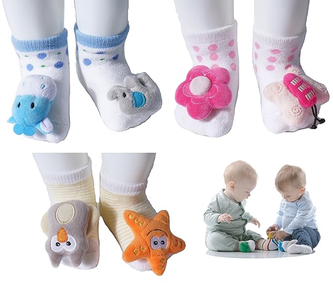 growbabygrow Newborn Baby Rattle Feet Cotton Terry Socks for 0-12months (1Pair Flower/Butterfly)